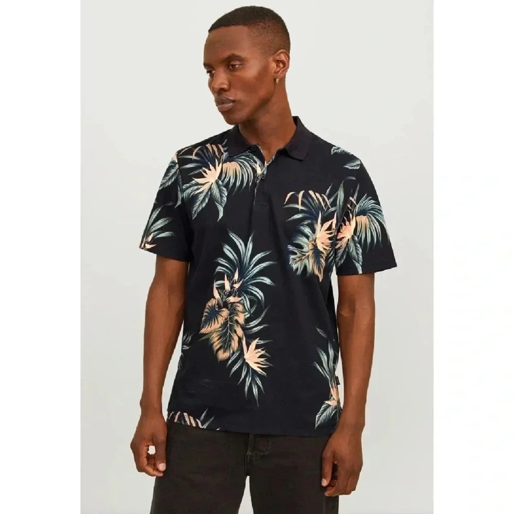 Size L Jack & Jones Men’s Tropical Print Polo Shirt Black Vacation Summer Shirt - Picture 2 of 6